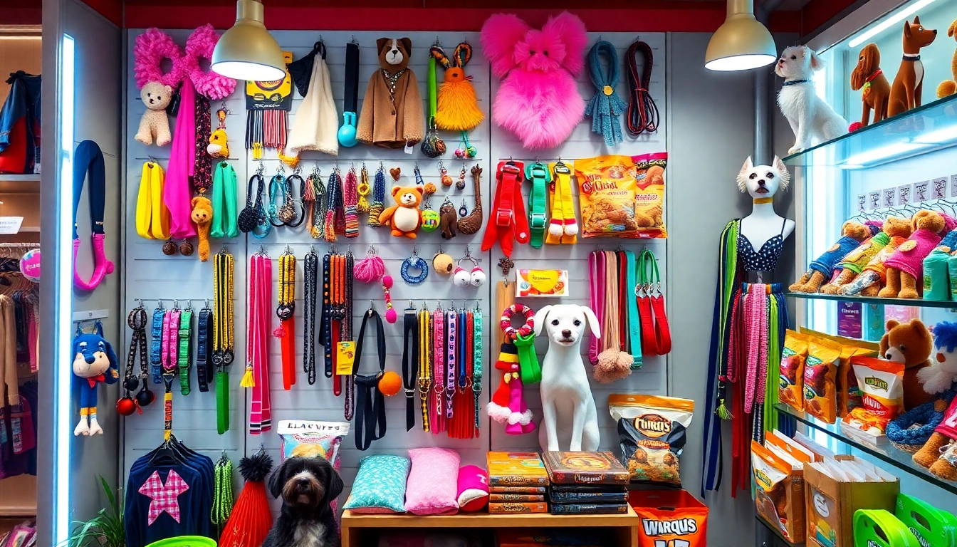 Showcase of vibrant pet accessories including collars, toys, and treats for dogs and cats.