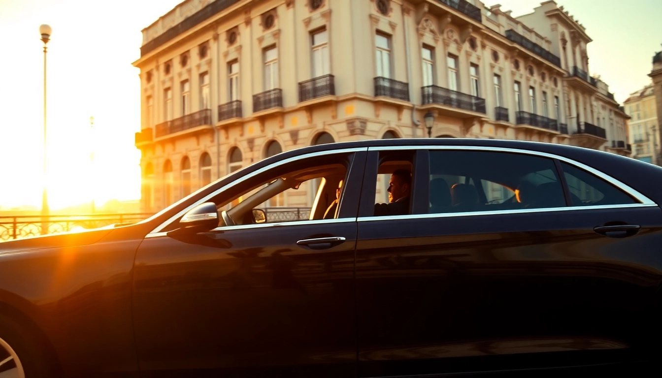 Luxury hire chauffeur Lisbon providing elegant transportation through picturesque streets at sunset.