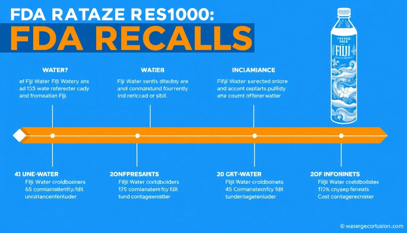 Illustration showing the FDA recalls Fiji water due to contamination, highlighting key facts and contamination timeline.