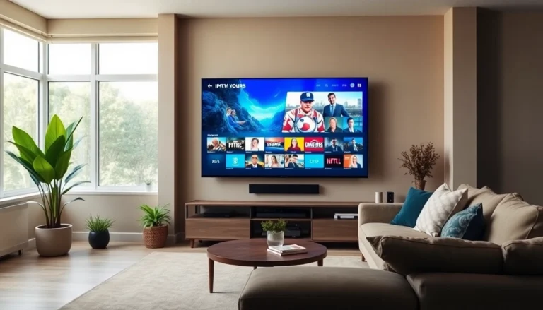 Watch IPTV Suisse channels in a stylish living room with a large TV and vibrant decor.