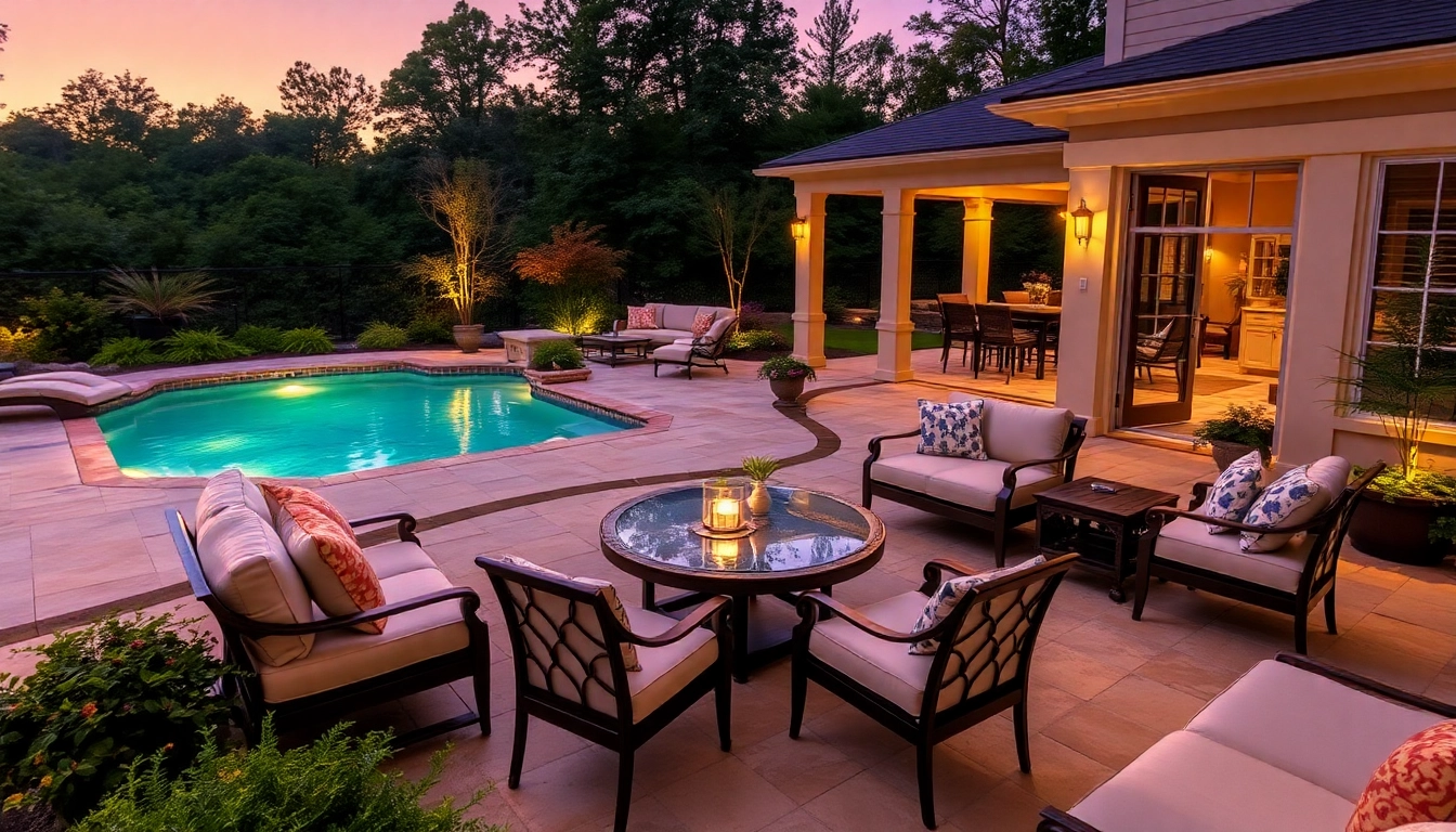 Experience Hardscapes & Pools with a luxurious outdoor setting showcasing a sparkling pool and beautiful landscaping.