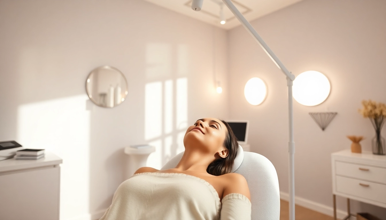 Client receiving a skin tightening treatment in a calming studio setting, bright natural light enhances the atmosphere.