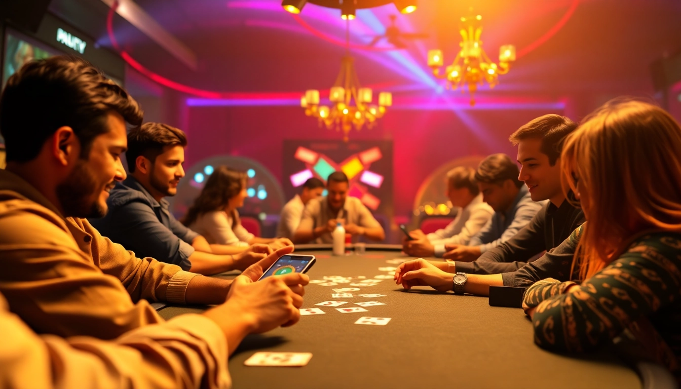 Engaged players enjoying rummy wealth on mobile devices in a colorful gaming environment.