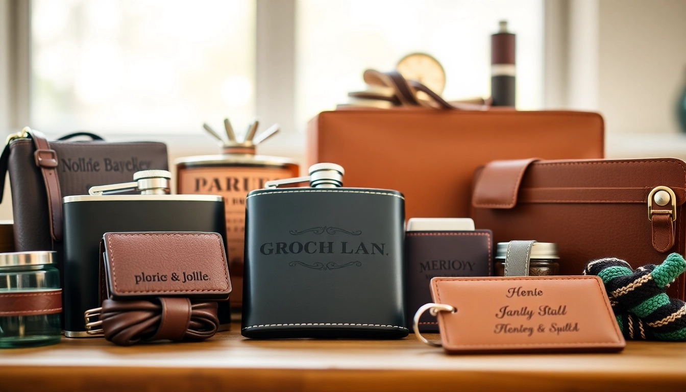 Showcasing cheap groomsmen gifts like personalized flasks and wallets, elegantly arranged.