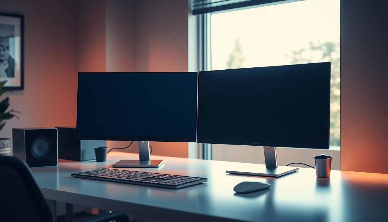 Enhance productivity through a dual monitor install showcasing a stylish office setup with two screens.