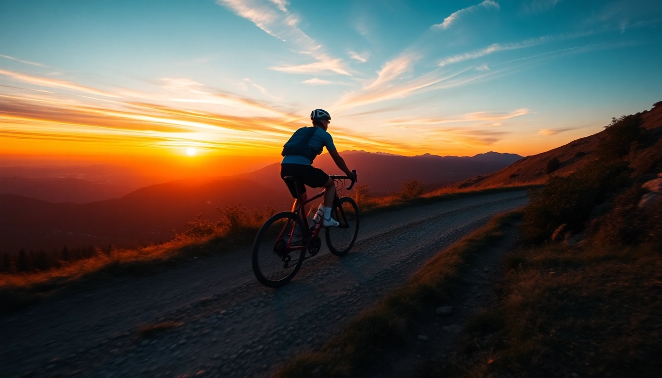 Cycling through a scenic mountain trail, a cyclist enjoys the sunset view.