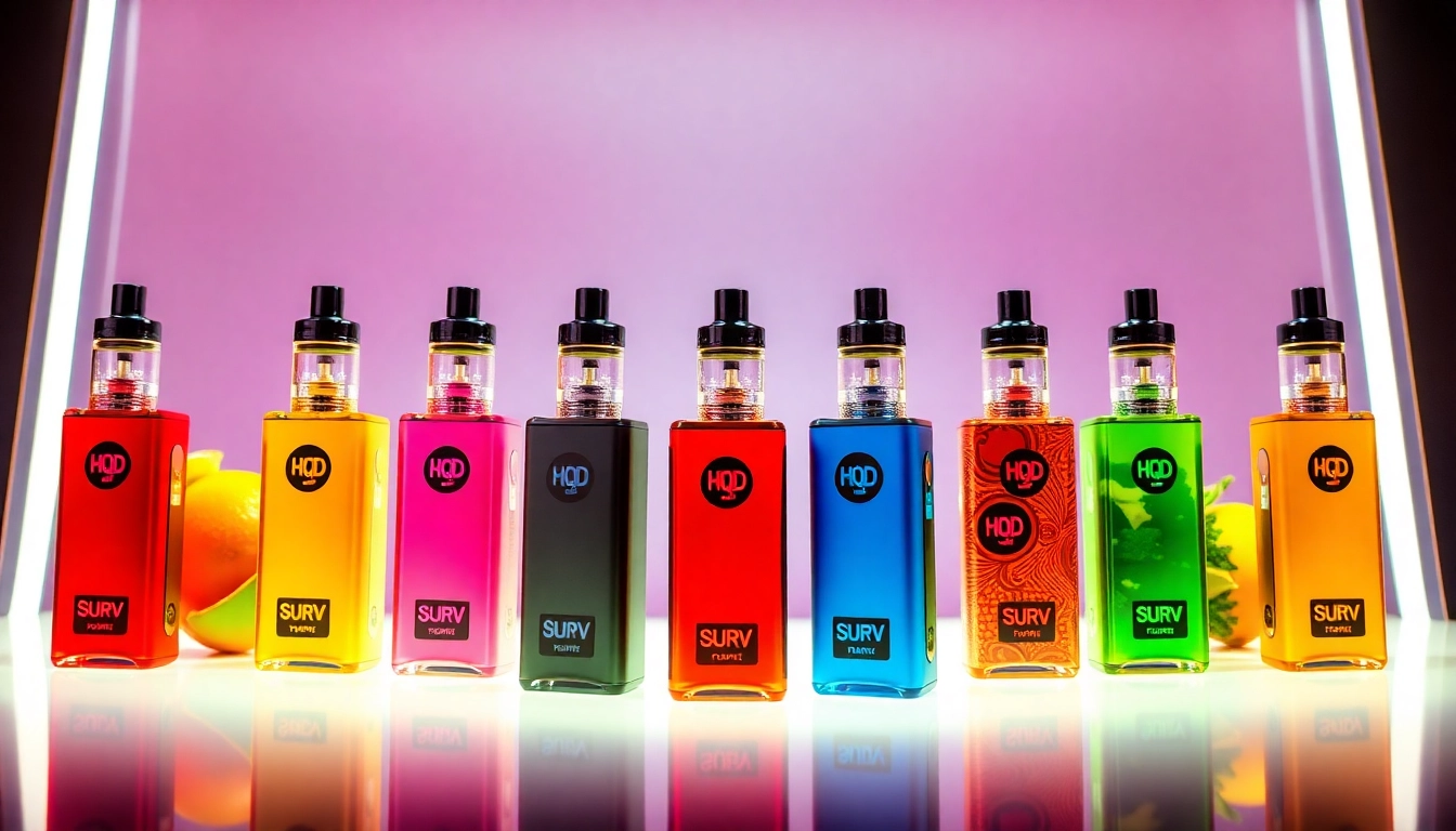 Purchase hqd surv kaufen - display of HQD Surv vapes in multiple flavors against a bright background.