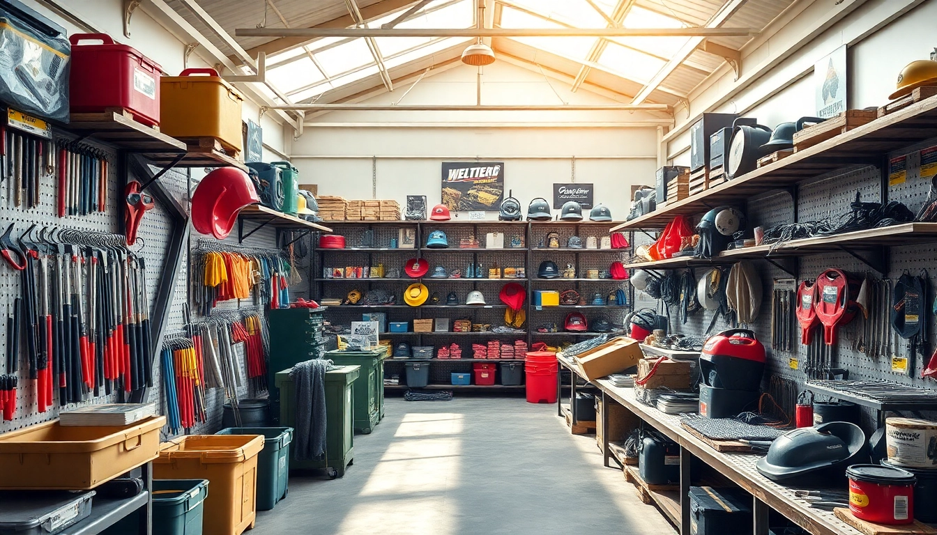 Showcase of welding supplies including helmets, tools, and safety gear in a bright, organized display.