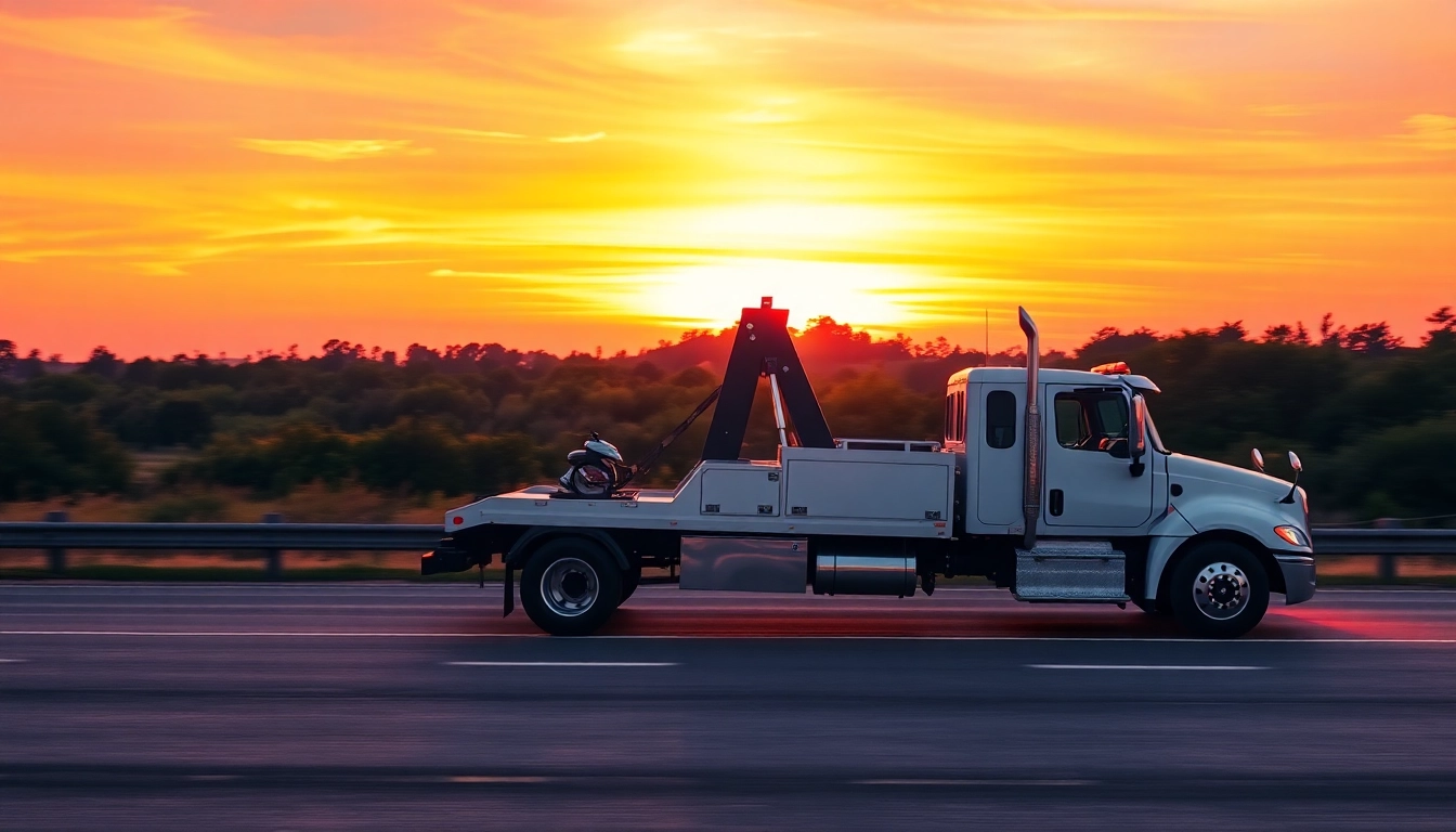 Affordable truck roadside assistance with a professional tow truck in a sunset landscape.