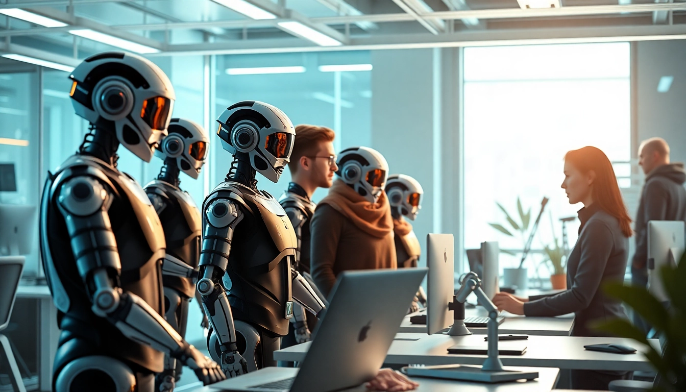 AI agents collaborating with humans in a modern office environment, showcasing innovation.