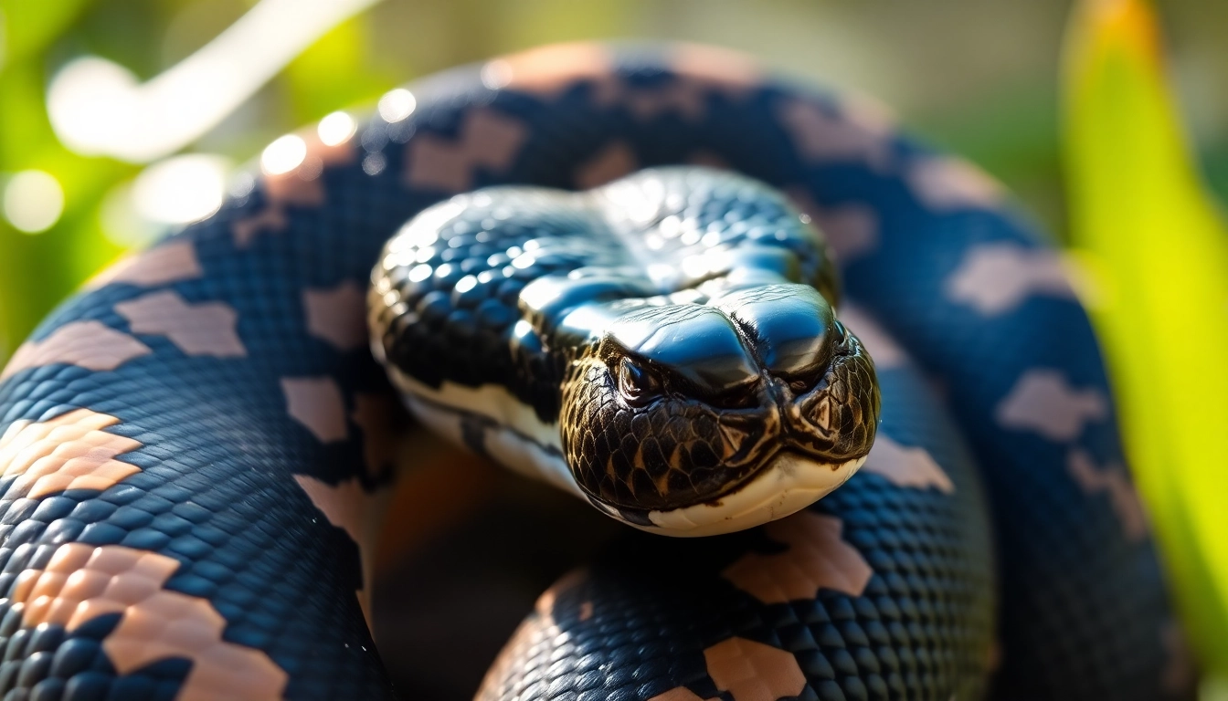 View black ball python for sale with glossy scales and vibrant patterns under natural light.