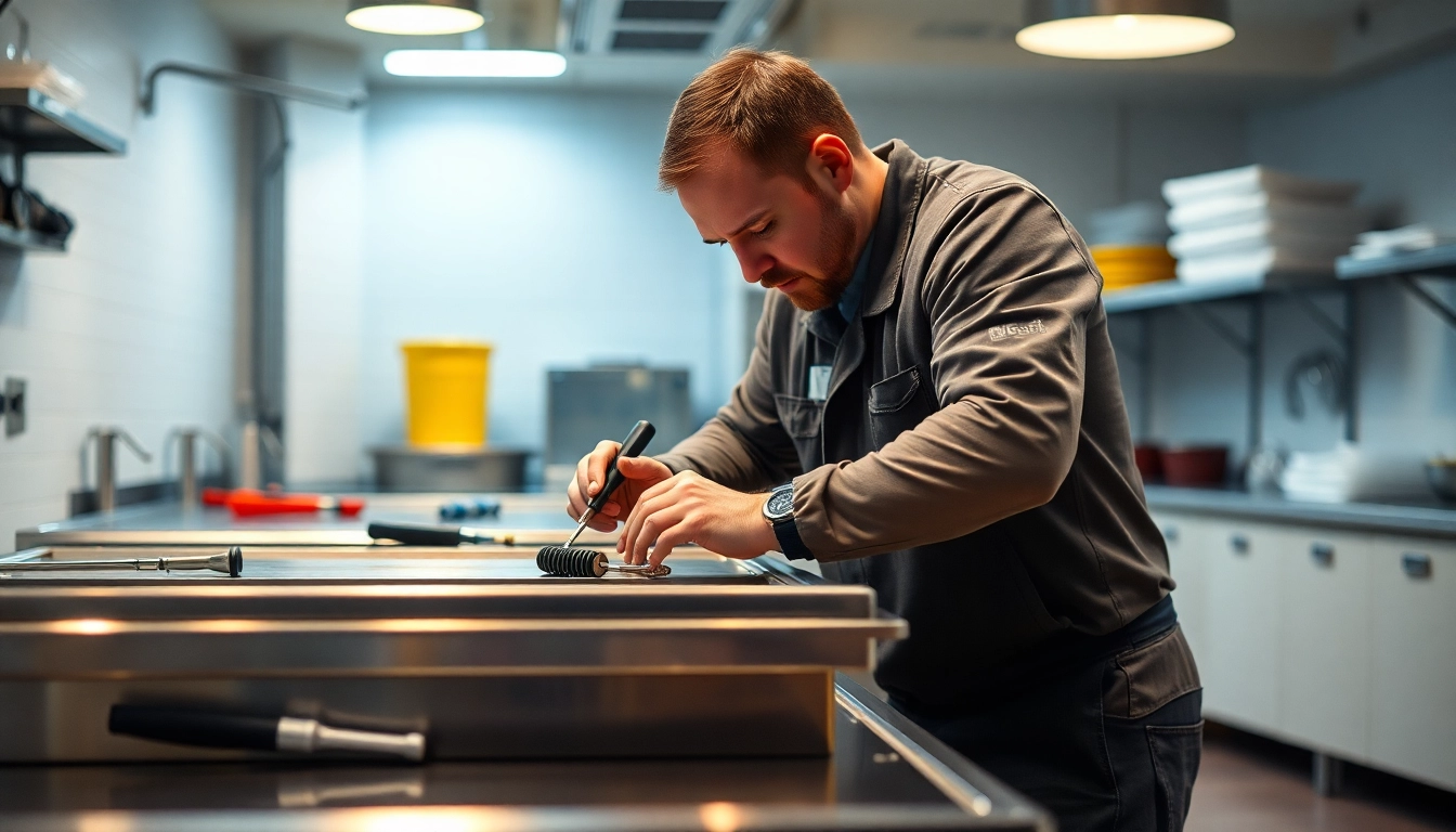 Technician performing prep table repair in a commercial kitchen, showcasing tools and equipment for efficient service.