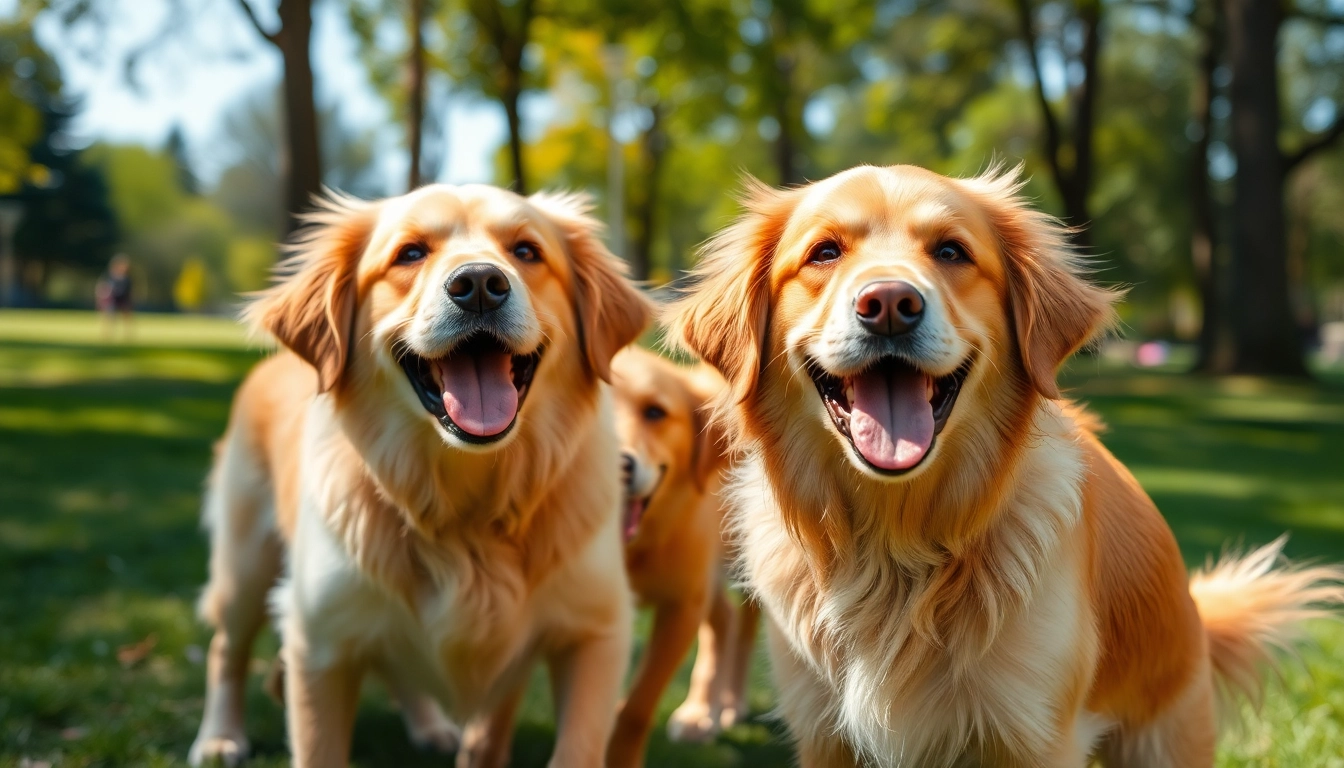 Kate's K9 Pet Care showcases playful golden retrievers enjoying their time in the sun.