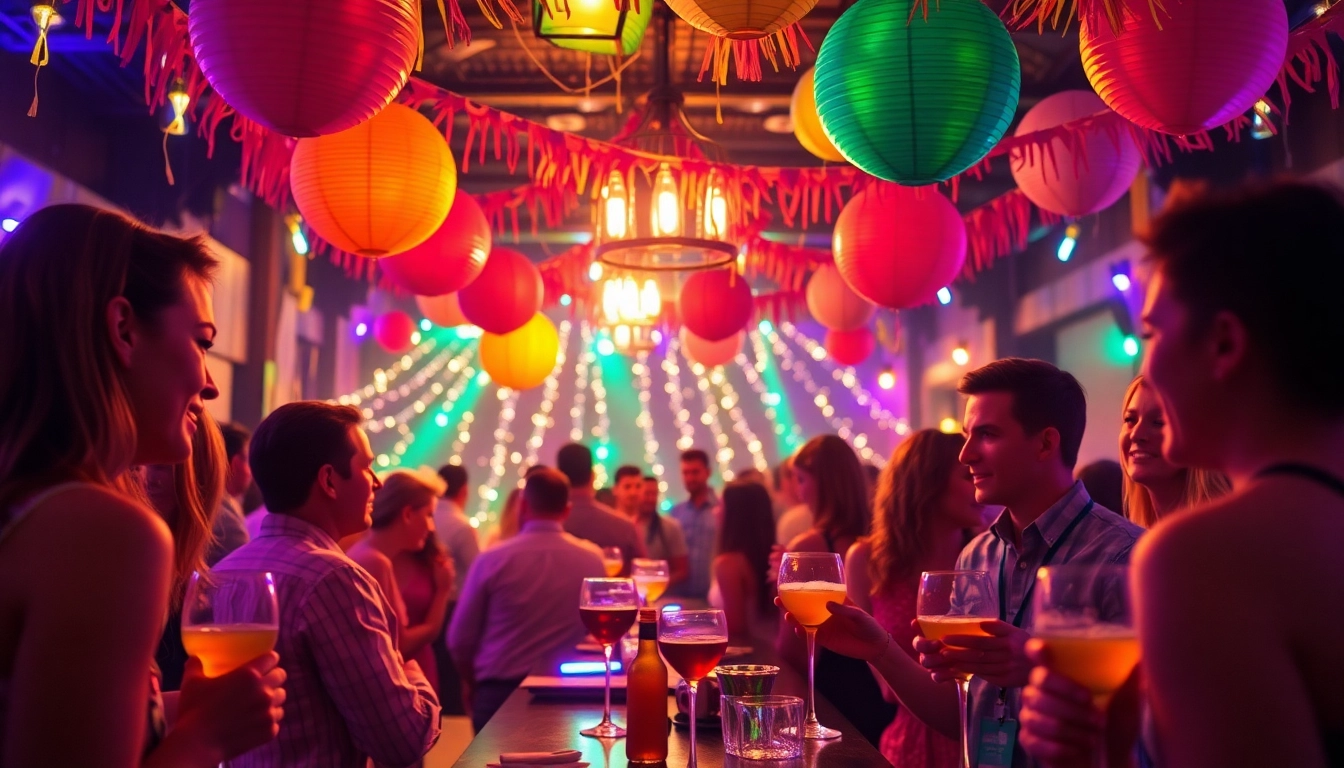 Celebrate a Unique Event with lively decorations and guests enjoying cocktails at an after-work party.