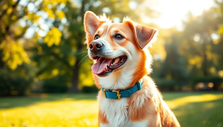 Dog showcasing the best dog collars, featuring vibrant colors and a joyful demeanor in a sunny park.