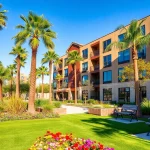 View of a modern apartment complex with lush gardens, showcasing apartments for rent in Glendale AZ.
