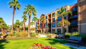 View of a modern apartment complex with lush gardens, showcasing apartments for rent in Glendale AZ.