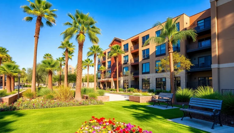 View of a modern apartment complex with lush gardens, showcasing apartments for rent in Glendale AZ.
