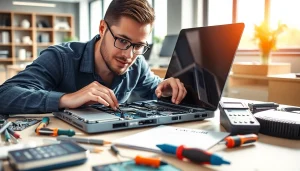 Riparazione pc Torino in un laboratorio professionale con un tecnico al lavoro su un laptop.