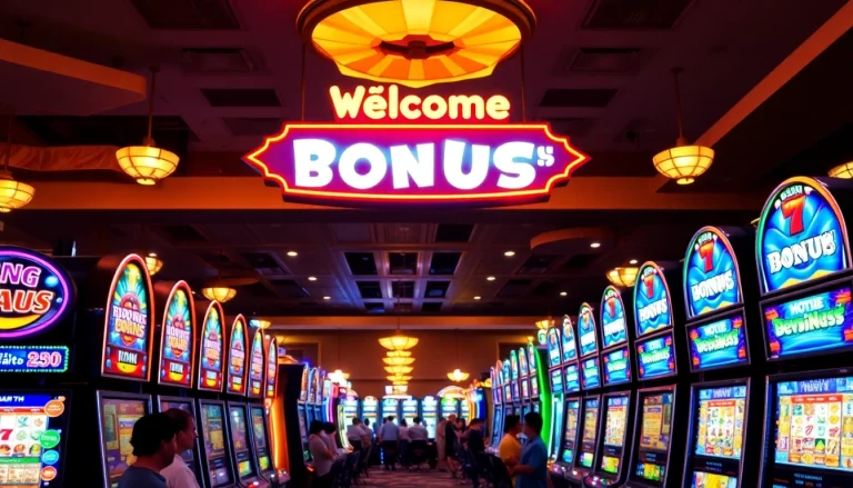 Claim an exciting welcome bonus at the casino with colorful slot machines and lively atmosphere.