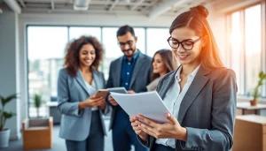 Enregistrer une société au Luxembourg avec un groupe d'entrepreneurs dans un bureau moderne.