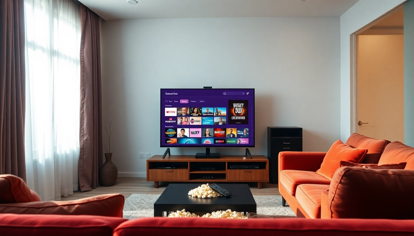 Showcase IPTV services in a cozy living room with a modern TV setup and colorful streaming options.