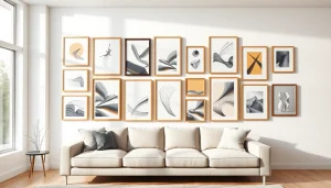 Showcasing modern design picture frames in a stylish living room setting, emphasizing unique styles and artistic arrangements.