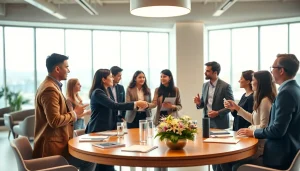 Networking professionals engaging in conversation and collaboration in a bright office.