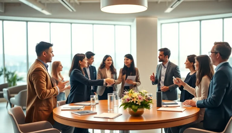 Networking professionals engaging in conversation and collaboration in a bright office.