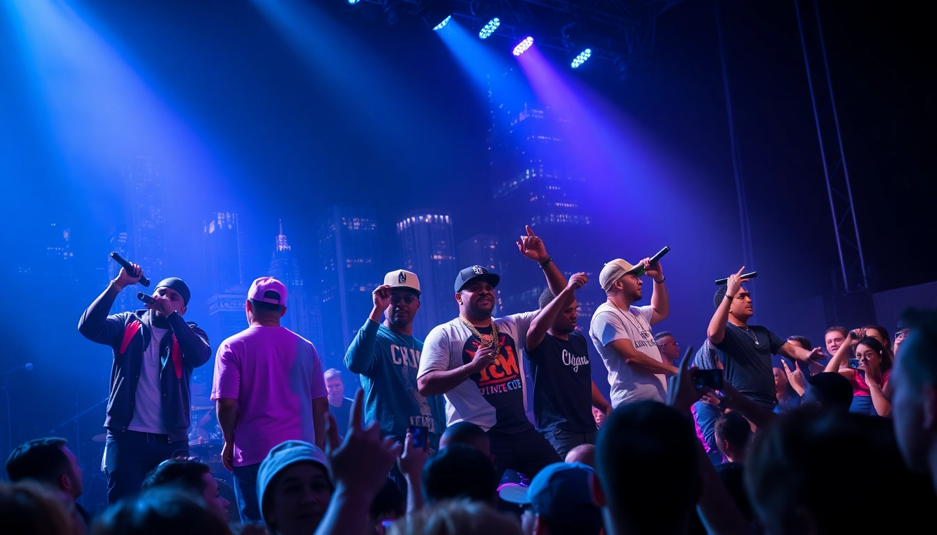 Chicago hip-hop artists performing live on stage showcasing their vibrant energy and connection with fans.