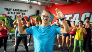 Engaging fitness coach near me leading an energetic workout session in a vibrant gym.