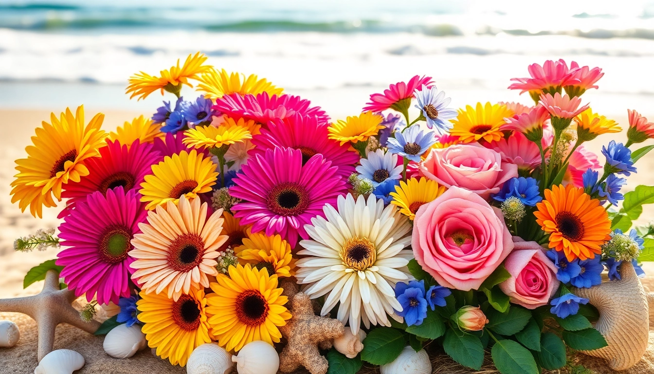 Beautiful display of Huntington Beach flowers among seashells and ocean waves.