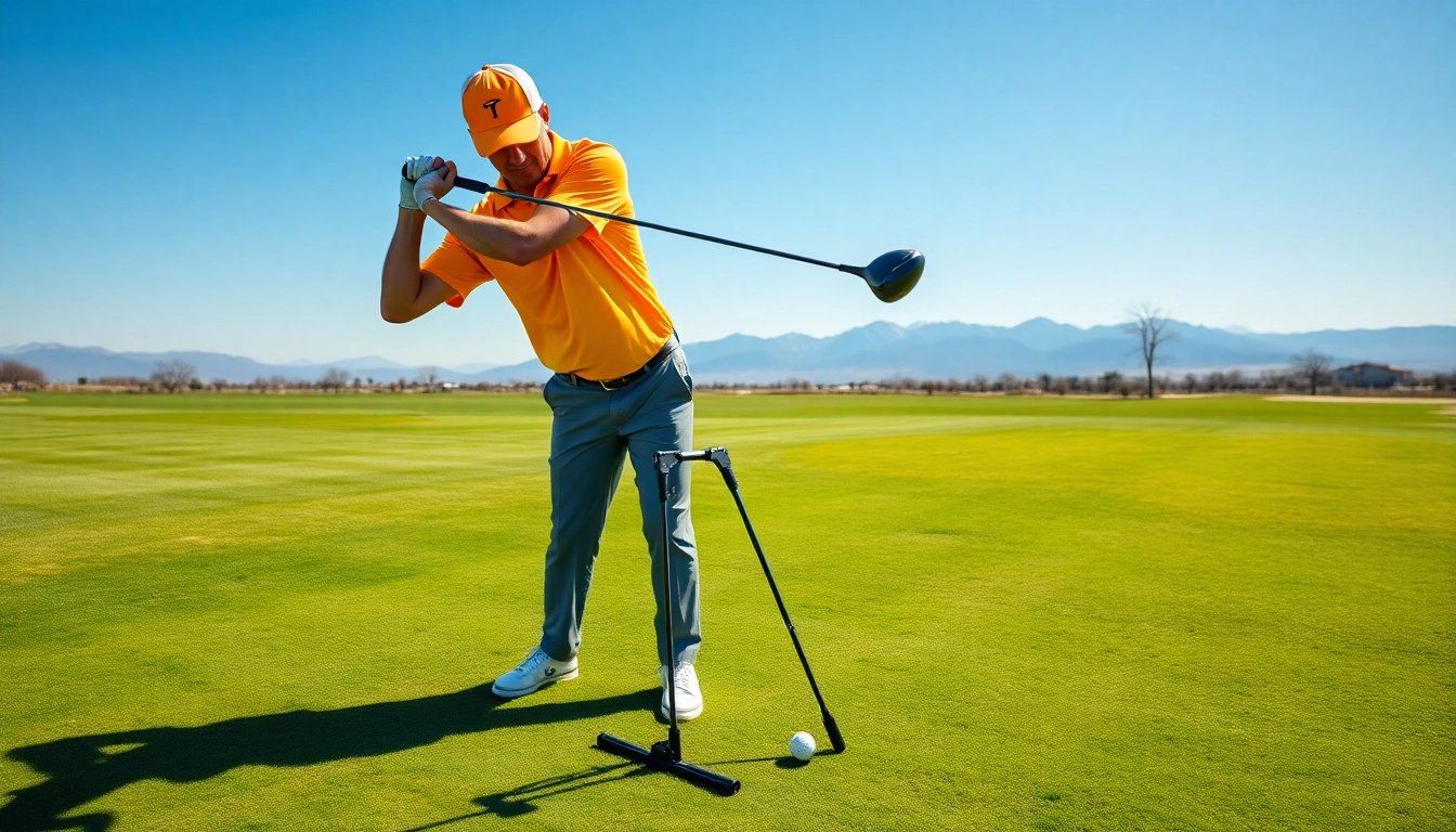 Golfer using a golf swing training aid on a sunny driving range to improve their swing technique.