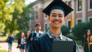 Graduate celebrating their professional degree on campus, showcasing achievement and joy.