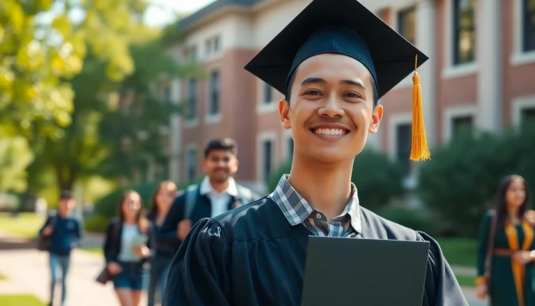 Graduate celebrating their professional degree on campus, showcasing achievement and joy.
