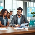 Showcase of AI-powered branding services with a diverse team collaborating in a modern office.