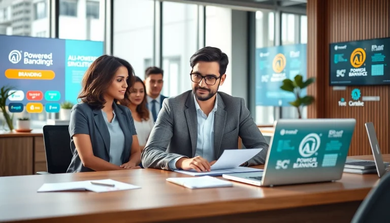 Showcase of AI-powered branding services with a diverse team collaborating in a modern office.