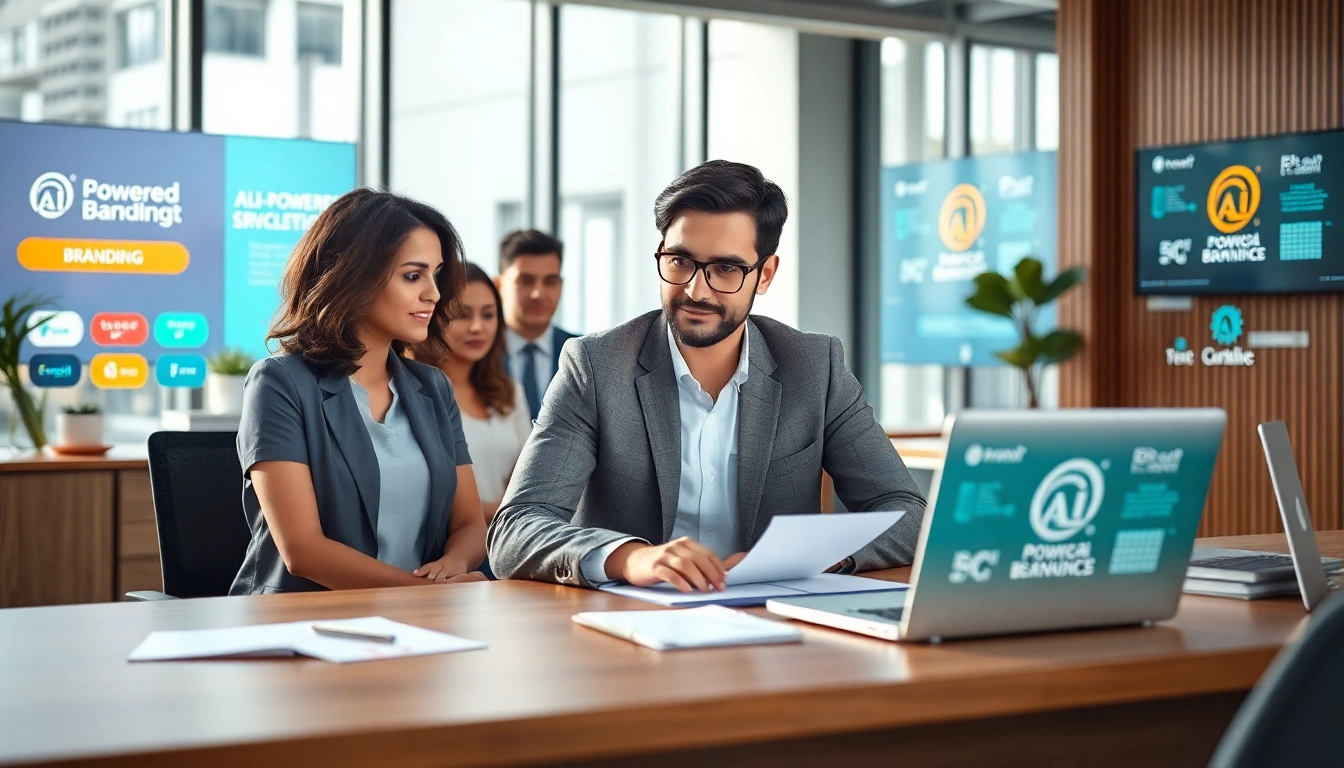 Showcase of AI-powered branding services with a diverse team collaborating in a modern office.