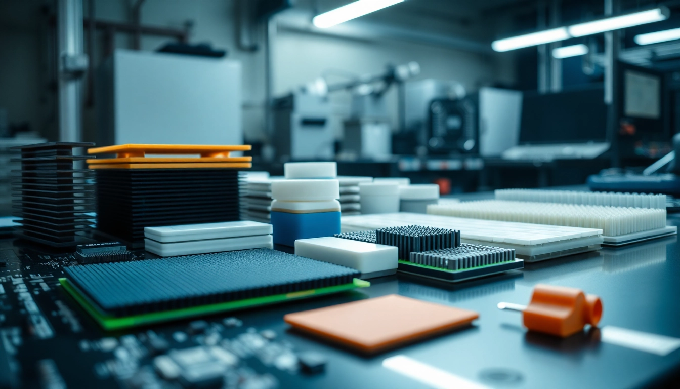 Showcase thermal management materials on an electronic assembly table featuring various products.