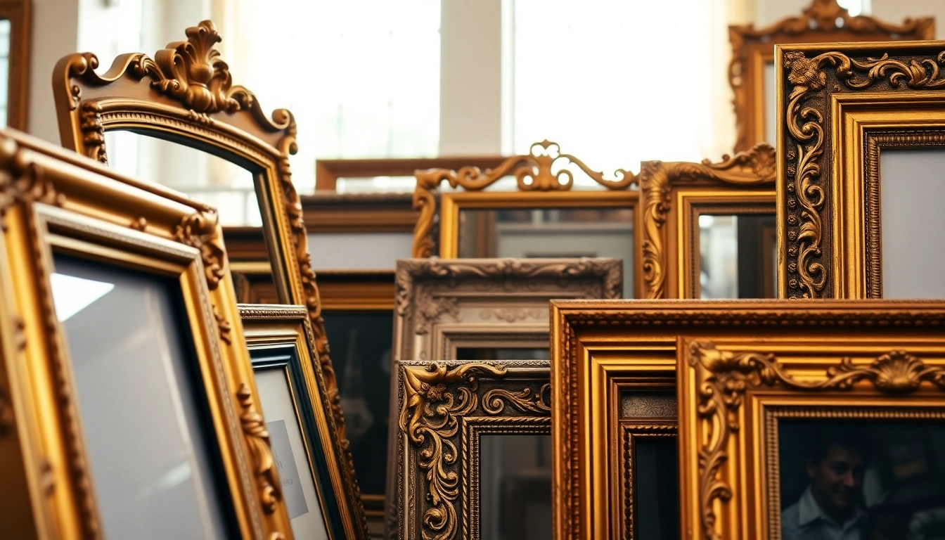 Showcasing ornate picture frames in a chic gallery setting, highlighting their intricate designs and finishes.