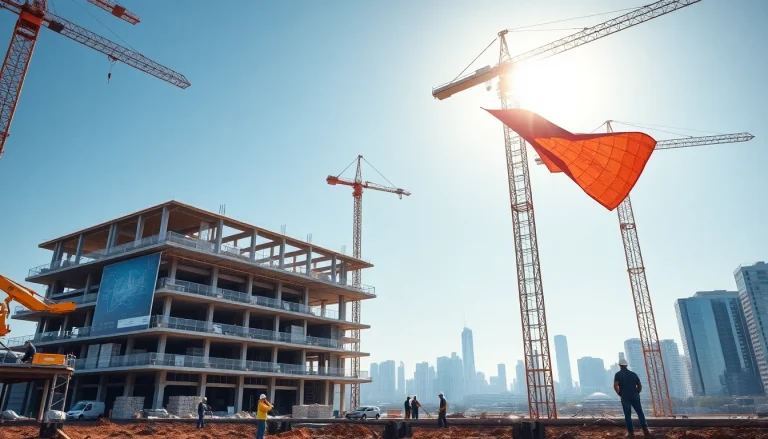 Builders constructing an elevate building that combines modern design and sustainability.