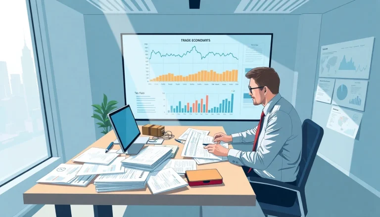 Analyze import tariffs China with economist surrounded by trade data documents.