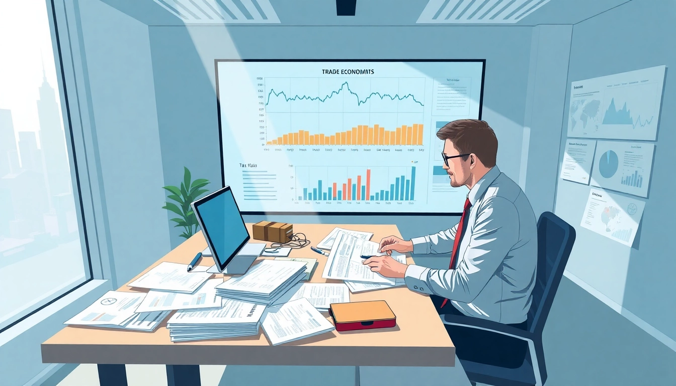 Analyze import tariffs China with economist surrounded by trade data documents.