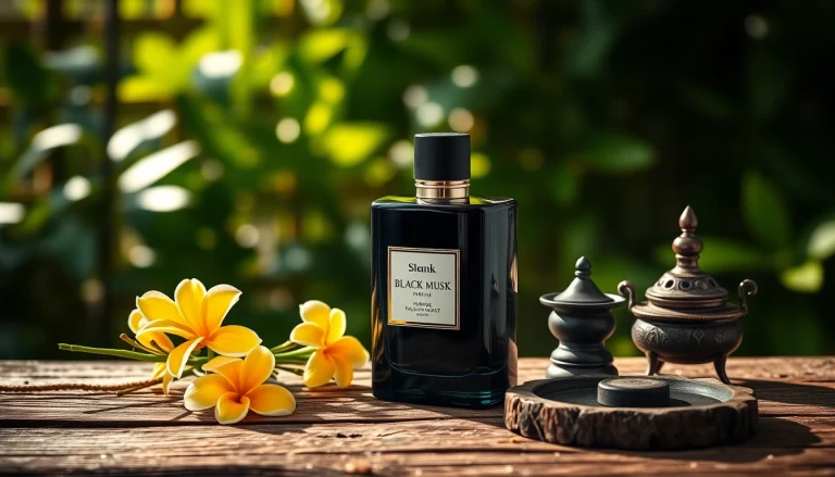 Vaporisez du parfum Black musk sur un fond élégant d'ylang-ylang et de bois texturé.