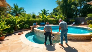 Experts performing swimming pool installation with precision in a sunlit garden.