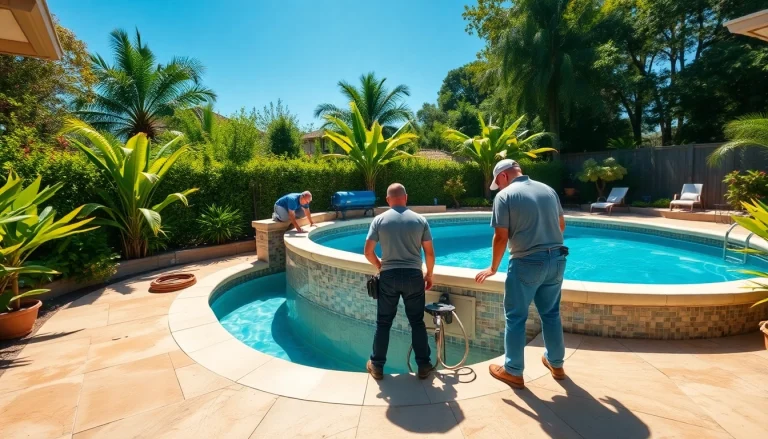 Experts performing swimming pool installation with precision in a sunlit garden.