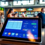 Streamlined interface of POS Membership Software on tablet in a busy retail setting.