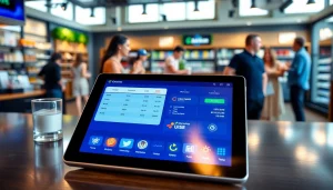 Streamlined interface of POS Membership Software on tablet in a busy retail setting.