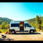 Camper Van parked in nature with an open door showing its cozy interior, inviting adventure.