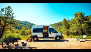 Camper Van parked in nature with an open door showing its cozy interior, inviting adventure.